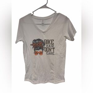 Bike Hair Don’t Care Graphic V-Neck Tee Size S Delta Dri